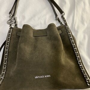 Michael Kors Dark Green Suede Mina Large Shoulder Bag NWT